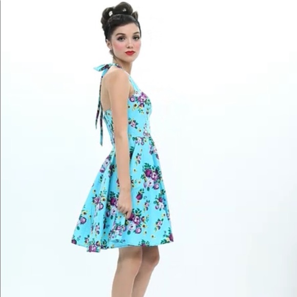 Hell Bunny Turquoise Floral Pinup Halter Dress 👗 - Picture 6 of 11
